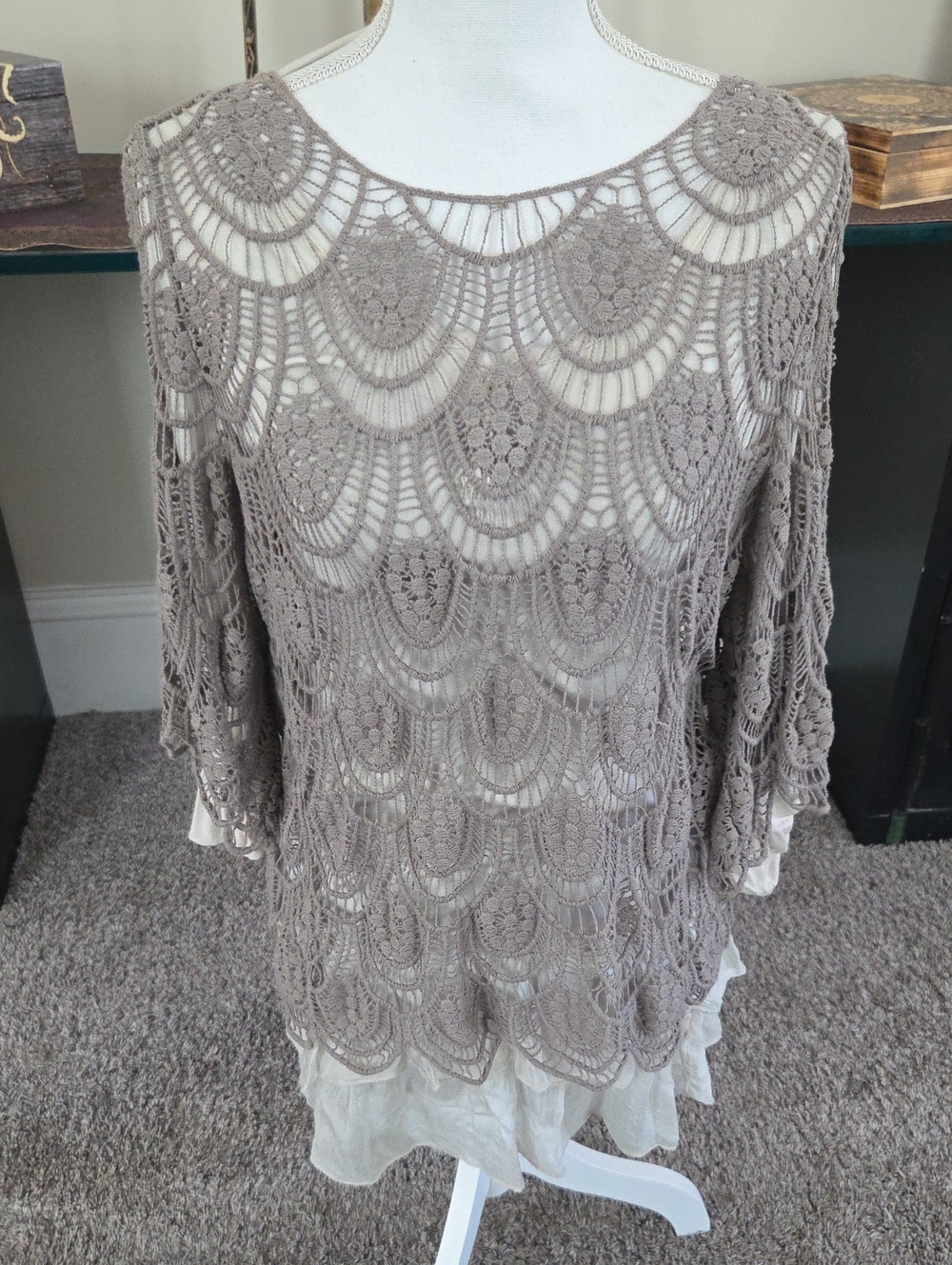 Vintage Layered Taupe Crochet Tunic Top